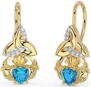 Diamond Topaz Gold Silver Claddagh Celtic Trinity Knot Dangle Earrings