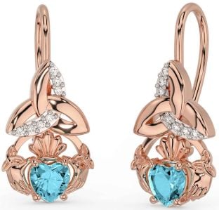 Diamond Aquamarine Rose Gold Claddagh Celtic Trinity Knot Dangle Earrings