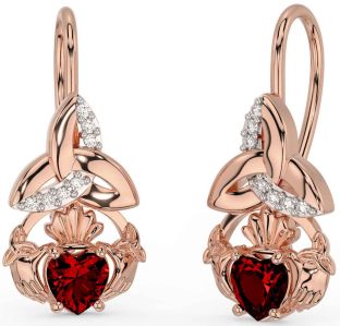 Diamond Garnet Rose Gold Claddagh Celtic Trinity Knot Dangle Earrings