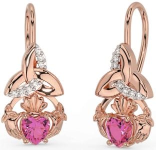 Diamond Pink Tourmaline Rose Gold Claddagh Celtic Trinity Knot Dangle Earrings