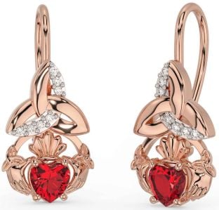 Diamond Ruby Rose Gold Claddagh Celtic Trinity Knot Dangle Earrings