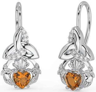 Diamond Citrine Silver Claddagh Celtic Trinity Knot Dangle Earrings