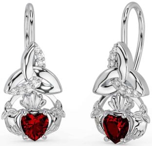 Diamond Garnet Silver Claddagh Celtic Trinity Knot Dangle Earrings