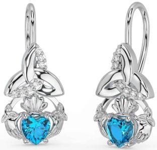 Diamond Topaz Silver Claddagh Celtic Trinity Knot Dangle Earrings