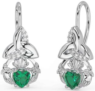 Diamond Emerald White Gold Claddagh Celtic Trinity Knot Dangle Earrings