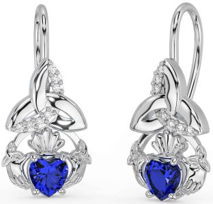 Diamond Sapphire White Gold Claddagh Celtic Trinity Knot Dangle Earrings