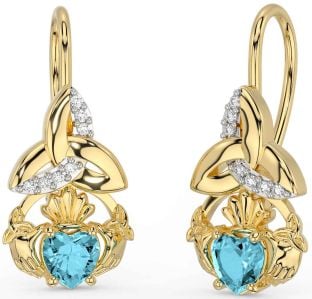 Diamond Aquamarine Gold Claddagh Celtic Trinity Knot Dangle Earrings