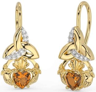 Diamond Citrine Gold Claddagh Celtic Trinity Knot Dangle Earrings