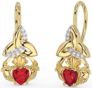 Diamond Ruby Gold Claddagh Celtic Trinity Knot Dangle Earrings