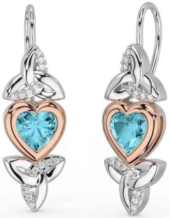 Diamond Aquamarine Rose Gold Silver Celtic Trinity Knot Heart Dangle Earrings