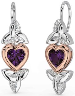 Diamond Alexandrite Rose Gold Silver Celtic Trinity Knot Heart Dangle Earrings