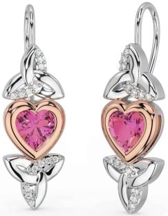 Diamond Pink Tourmaline Rose Gold Silver Celtic Trinity Knot Heart Dangle Earrings