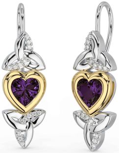 Diamond Alexandrite Gold Silver Celtic Trinity Knot Heart Dangle Earrings