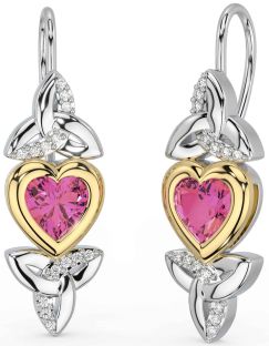 Diamond Pink Tourmaline Gold Silver Celtic Trinity Knot Heart Dangle Earrings