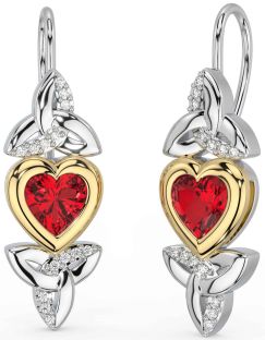 Diamond Ruby Gold Silver Celtic Trinity Knot Heart Dangle Earrings
