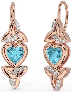 Diamond Aquamarine Rose Gold Silver Celtic Trinity Knot Heart Dangle Earrings