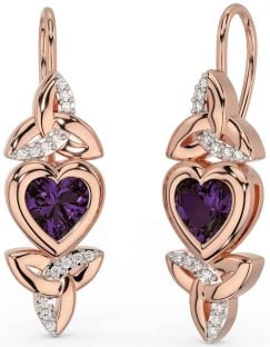 Diamond Alexandrite Rose Gold Silver Celtic Trinity Knot Heart Dangle Earrings