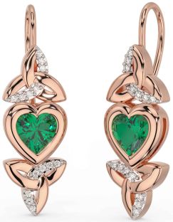 Diamond Emerald Rose Gold Silver Celtic Trinity Knot Heart Dangle Earrings