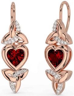 Diamond Garnet Rose Gold Silver Celtic Trinity Knot Heart Dangle Earrings