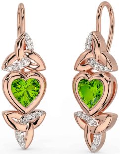 Diamond Peridot Rose Gold Silver Celtic Trinity Knot Heart Dangle Earrings