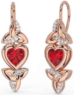 Diamond Ruby Rose Gold Silver Celtic Trinity Knot Heart Dangle Earrings