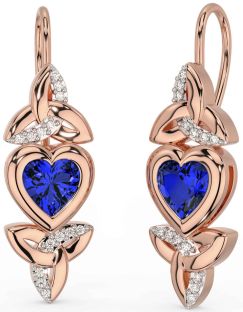 Diamond Sapphire Rose Gold Silver Celtic Trinity Knot Heart Dangle Earrings