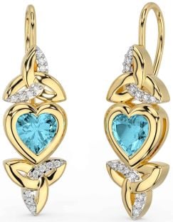Diamond Aquamarine Gold Silver Celtic Trinity Knot Heart Dangle Earrings