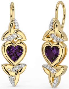 Diamond Alexandrite Gold Silver Celtic Trinity Knot Heart Dangle Earrings