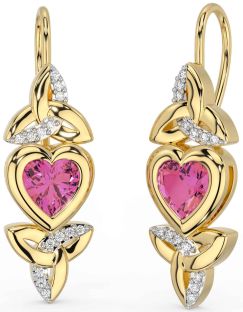 Diamond Pink Tourmaline Gold Silver Celtic Trinity Knot Heart Dangle Earrings