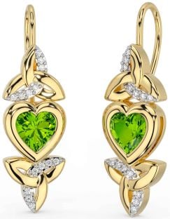 Diamond Peridot Gold Silver Celtic Trinity Knot Heart Dangle Earrings