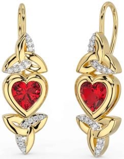 Diamond Ruby Gold Silver Celtic Trinity Knot Heart Dangle Earrings