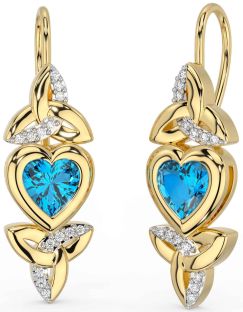Diamond Topaz Gold Silver Celtic Trinity Knot Heart Dangle Earrings