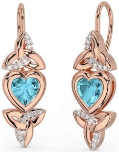 Diamond Aquamarine Rose Gold Celtic Trinity Knot Heart Dangle Earrings