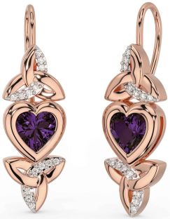 Diamond Alexandrite Rose Gold Celtic Trinity Knot Heart Dangle Earrings