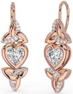 Diamond Rose Gold Celtic Trinity Knot Heart Dangle Earrings