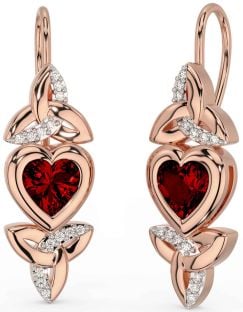 Diamond Garnet Rose Gold Celtic Trinity Knot Heart Dangle Earrings