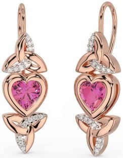 Diamond Pink Tourmaline Rose Gold Celtic Trinity Knot Heart Dangle Earrings