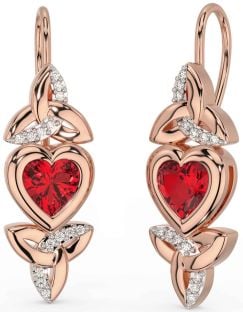 Diamond Ruby Rose Gold Celtic Trinity Knot Heart Dangle Earrings