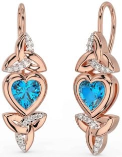 Diamond Topaz Rose Gold Celtic Trinity Knot Heart Dangle Earrings