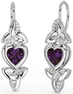 Diamond Alexandrite Silver Celtic Trinity Knot Heart Dangle Earrings