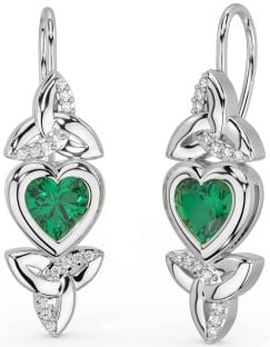 Diamond Emerald Silver Celtic Trinity Knot Heart Dangle Earrings