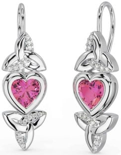 Diamond Pink Tourmaline Silver Celtic Trinity Knot Heart Dangle Earrings