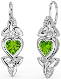 Diamond Peridot Silver Celtic Trinity Knot Heart Dangle Earrings