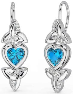 Diamond Topaz Silver Celtic Trinity Knot Heart Dangle Earrings