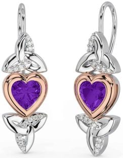 Diamond Amethyst Rose Gold Silver Celtic Trinity Knot Heart Dangle Earrings