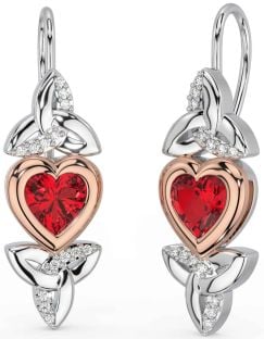 Diamond Ruby Rose Gold Silver Celtic Trinity Knot Heart Dangle Earrings