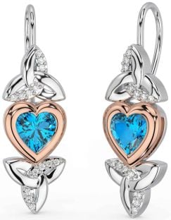 Trandafir de topaz diamant Nod Celtic Trinity Aur Argint Cercei cu inimă