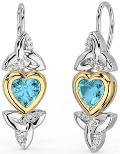 Diamond Aquamarine Gold Silver Celtic Trinity Knot Heart Dangle Earrings