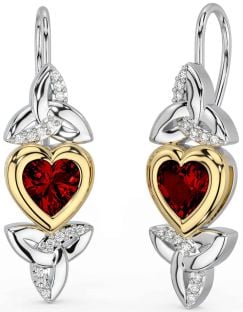 Diamond Garnet Gold Silver Celtic Trinity Knot Heart Dangle Earrings