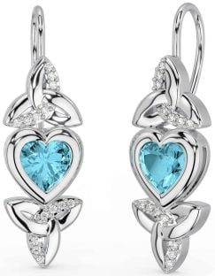 Diamond Aquamarine White Gold Celtic Trinity Knot Heart Dangle Earrings